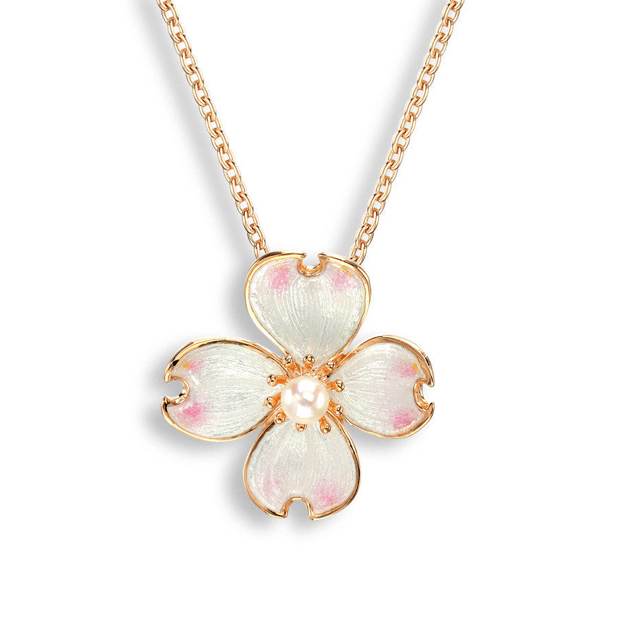 Enamel and freshwater pearl Dogwood pendant and chain in silver with rose gold plate