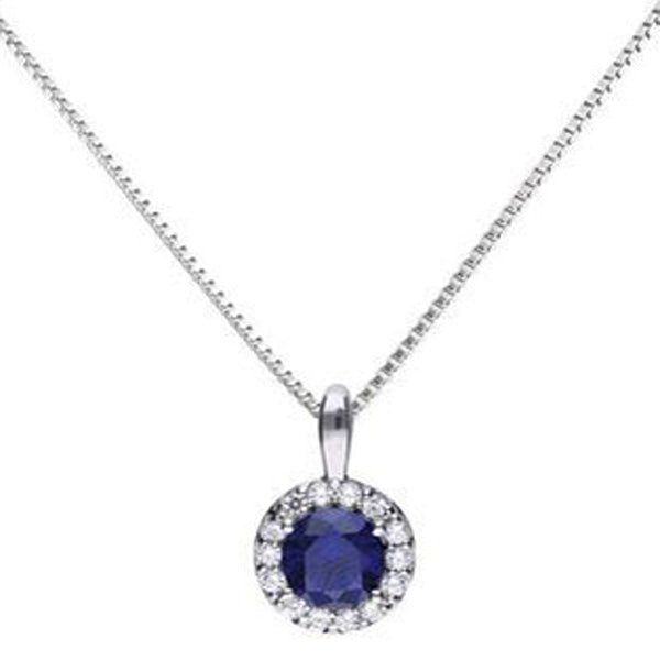 Blue cubic zirconia halo pendant and chain in silver