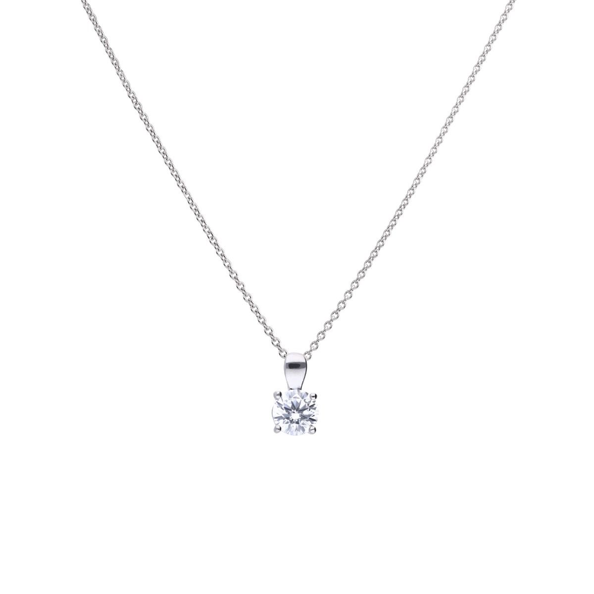 Cubic zirconia solitaire pendant and chain in silver.