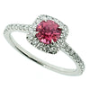 Pink spinel and diamond halo cluster ring in platinum
