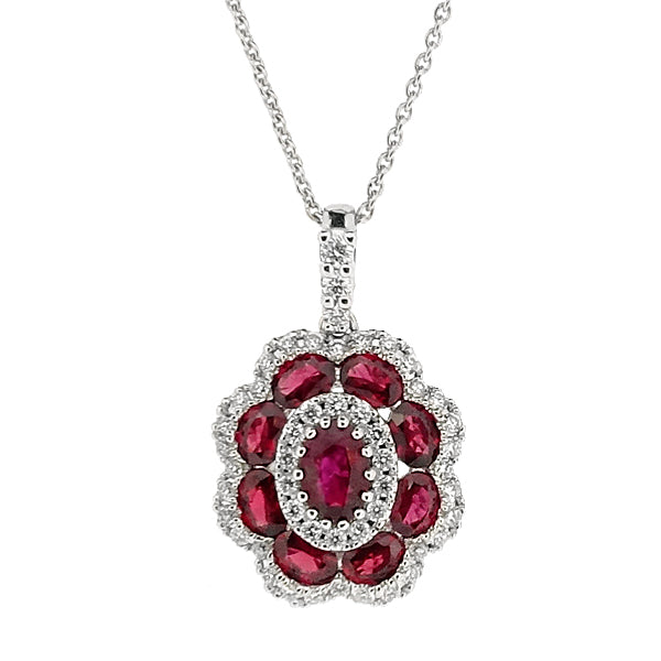 Ruby and Diamond Cluster Pendant and Chain in 18ct White Gold