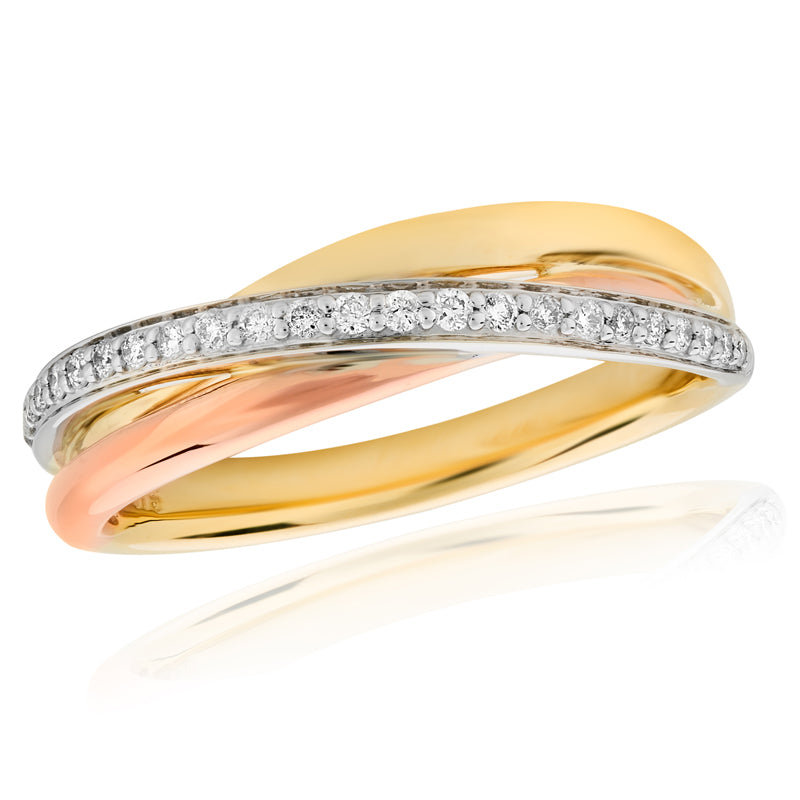 Diamond crossover ring in 3 colour 9ct gold, 0.15ct.