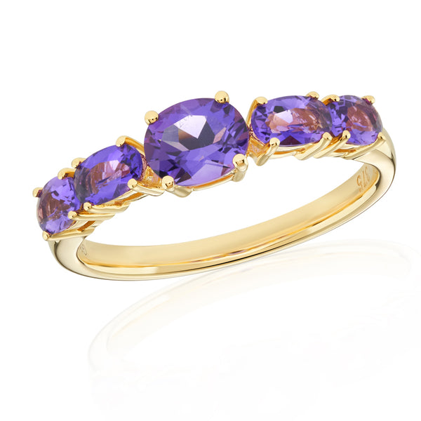 Amethyst 5 stone ring in 9ct yellow gold.