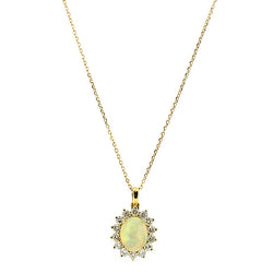 Opal and diamond cluster pendant and chain in 18ct gold