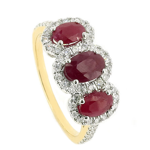 Ruby and diamond triple cluster ring in 18ct gold