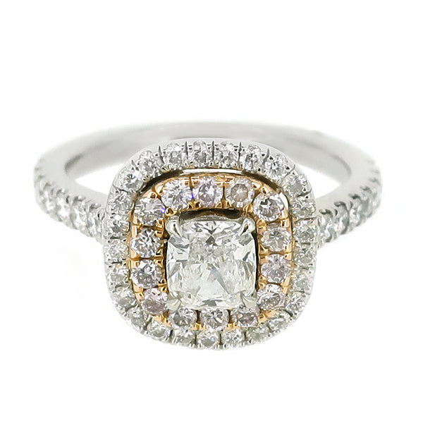 Diamond and Pink Diamond Halo Cluster Ring in Platinum and 18ct rose gold. 1.13ct