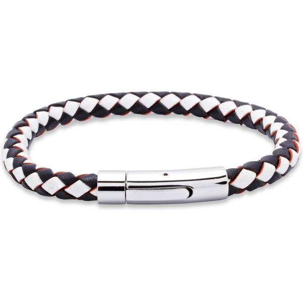 Black and White Plaited Leather Bracelet in Stainless Steel