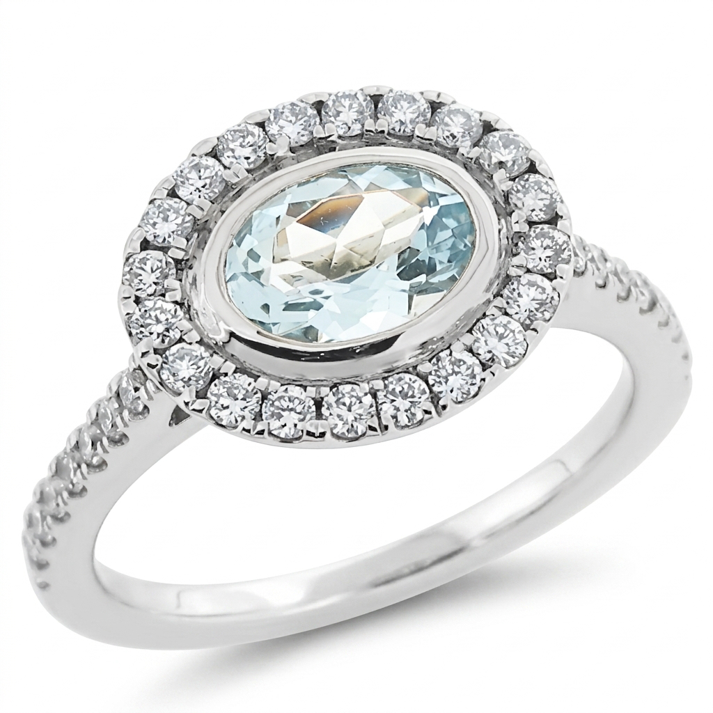 Aquamarine and Diamond Halo Cluster Ring in Platinum | 0.60ct