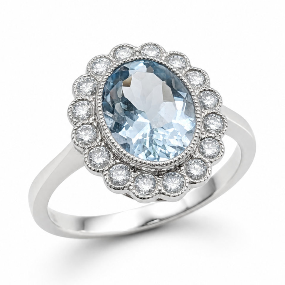 Aquamarine &amp; Diamond Engagement Ring in 18ct White Gold, 1.98ct