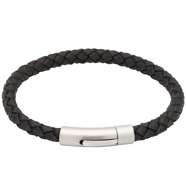 Black plaited leather bracelet in stainless steel