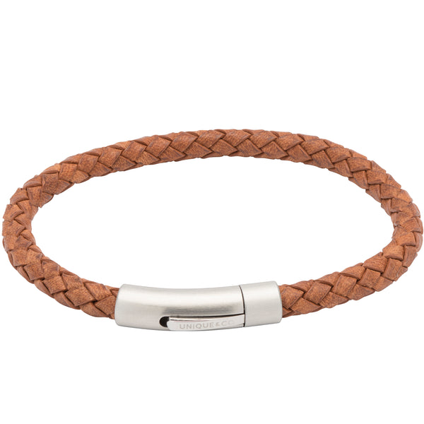Tan plaited leather bracelet in stainless steel
