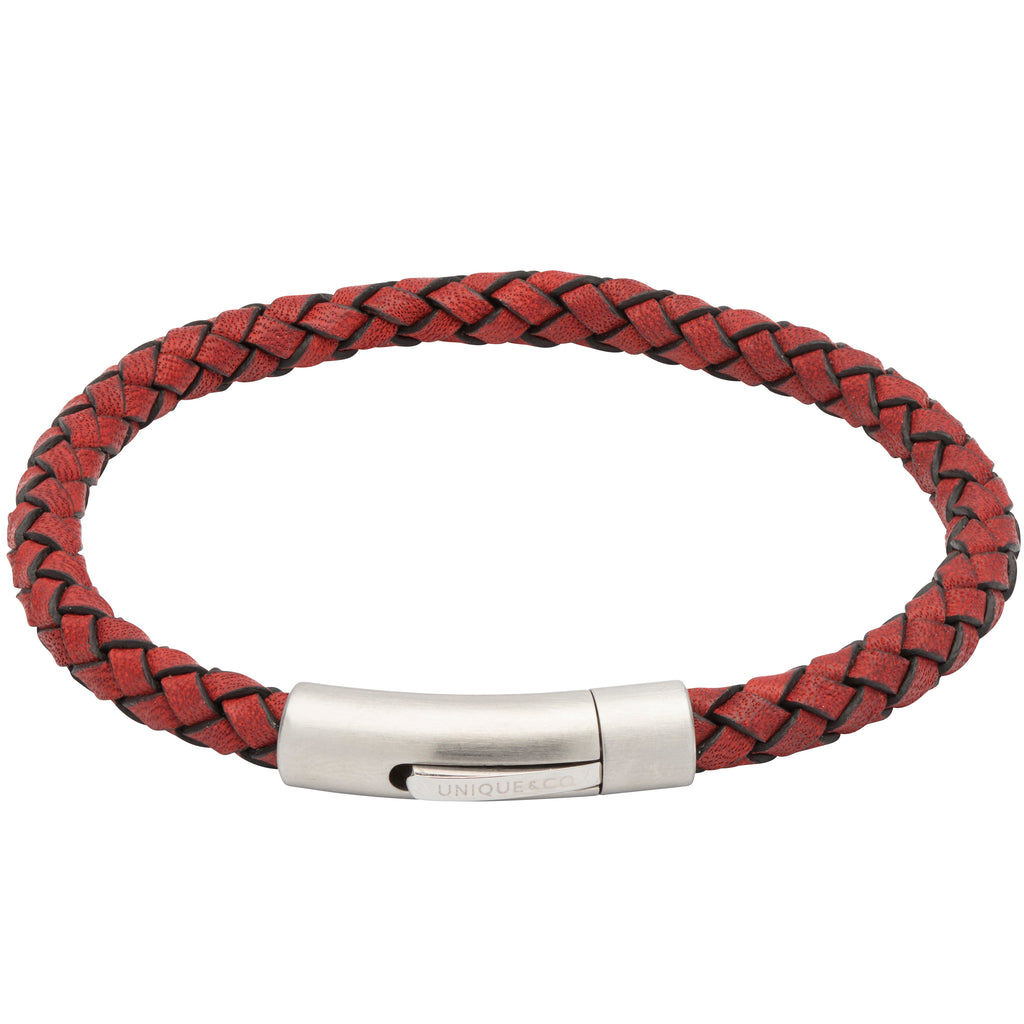Red leather bracelet in stainless steel