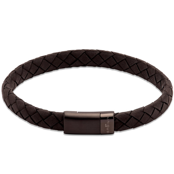 Black plaited leather bracelet in stainless steel