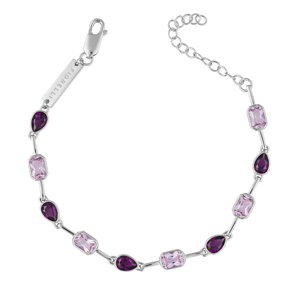 Purple and pink crystal octagon and teardrop bracelet in silver.