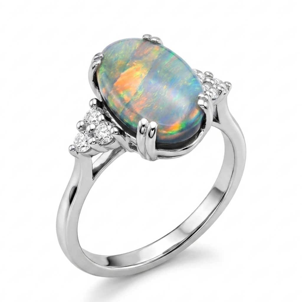 Black Opal &amp; Diamond Cluster Ring in Platinum, 2.56ct