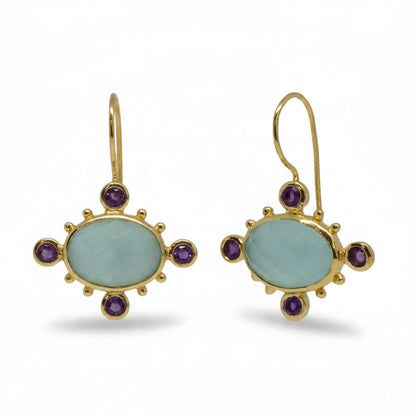 Aqua Chalcedony and Amethyst Drop Earrings