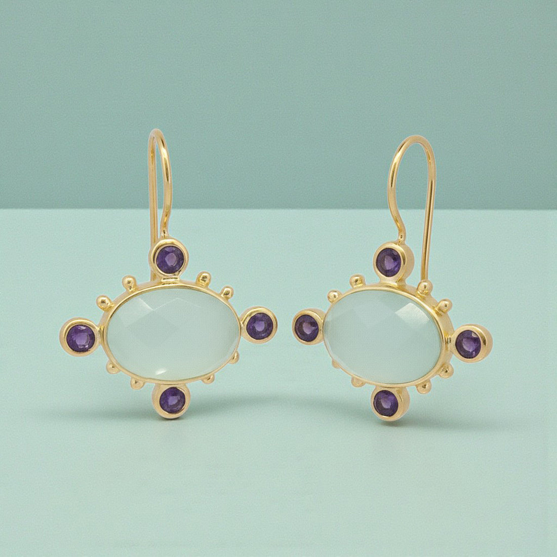 Blue Chalcedony and Amethyst Oval Drop Earrings in Gold Plated Vermeil