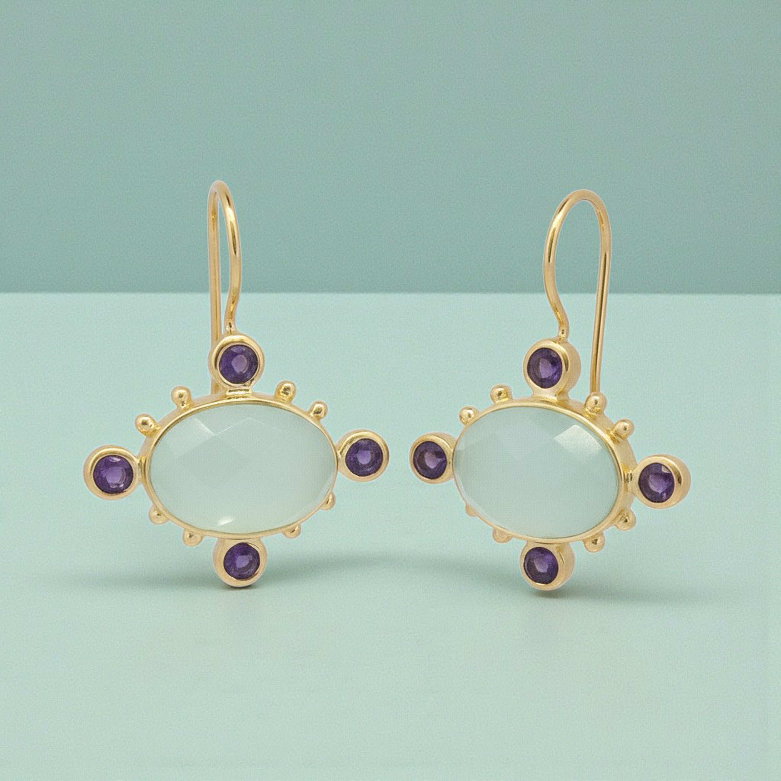 Blue Chalcedony and Amethyst Oval Drop Earrings in Gold Plated Vermeil