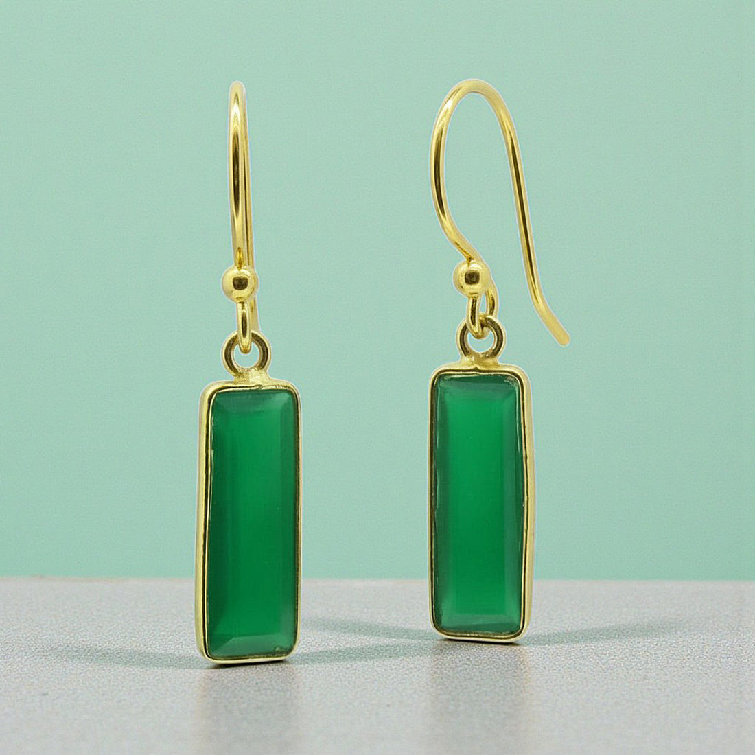 Green Chalcedony Rectangular Drop Earrings in Gold Plated Vermeil