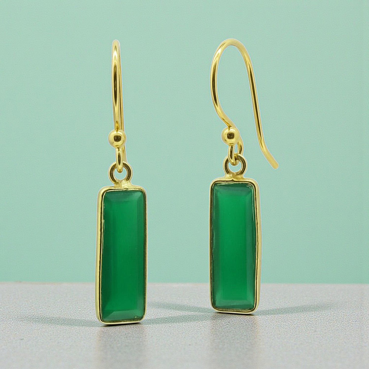 Green Chalcedony Rectangular Drop Earrings in Gold Plated Vermeil