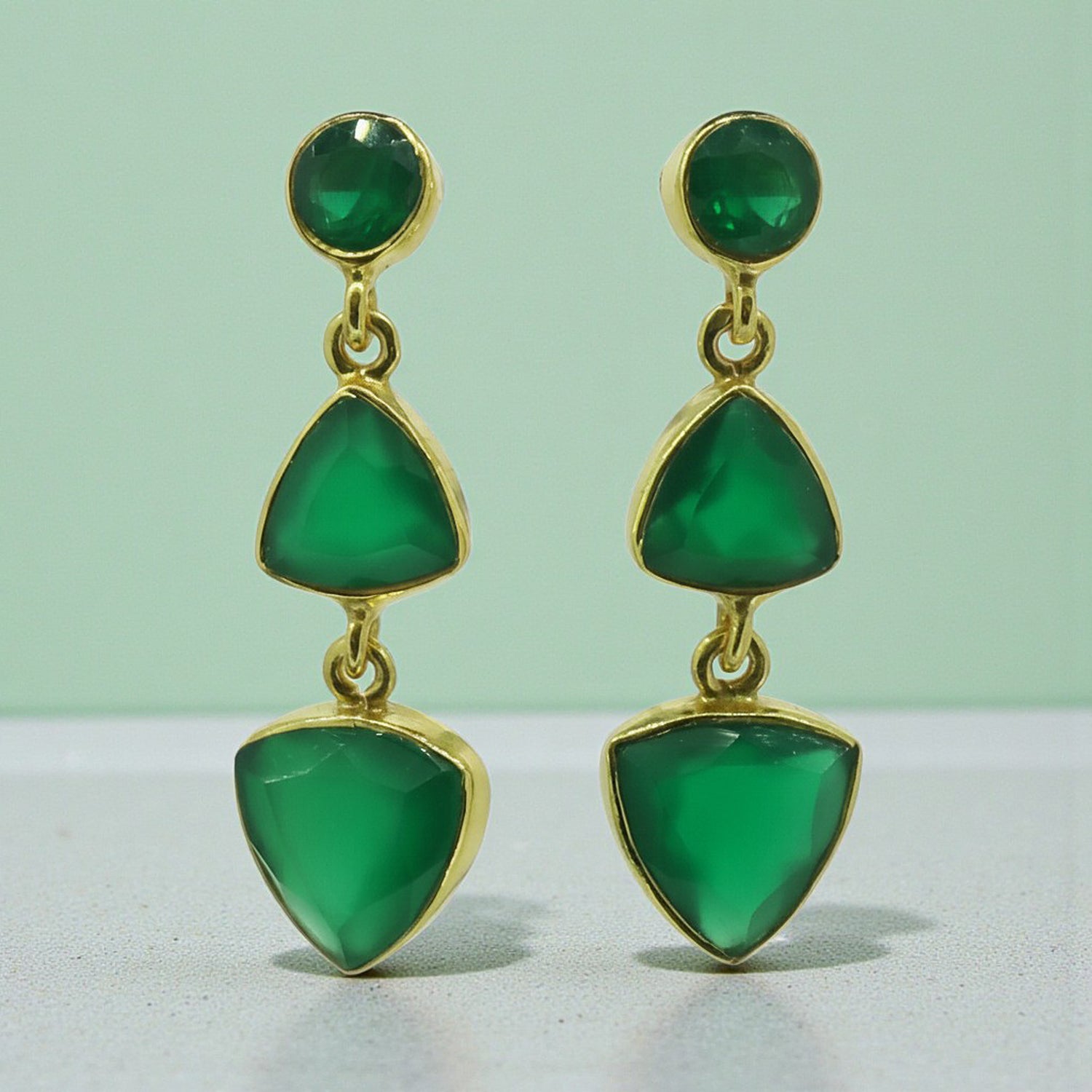 Green Chalcedony Triple Drop Earrings in Gold Plated Vermeil