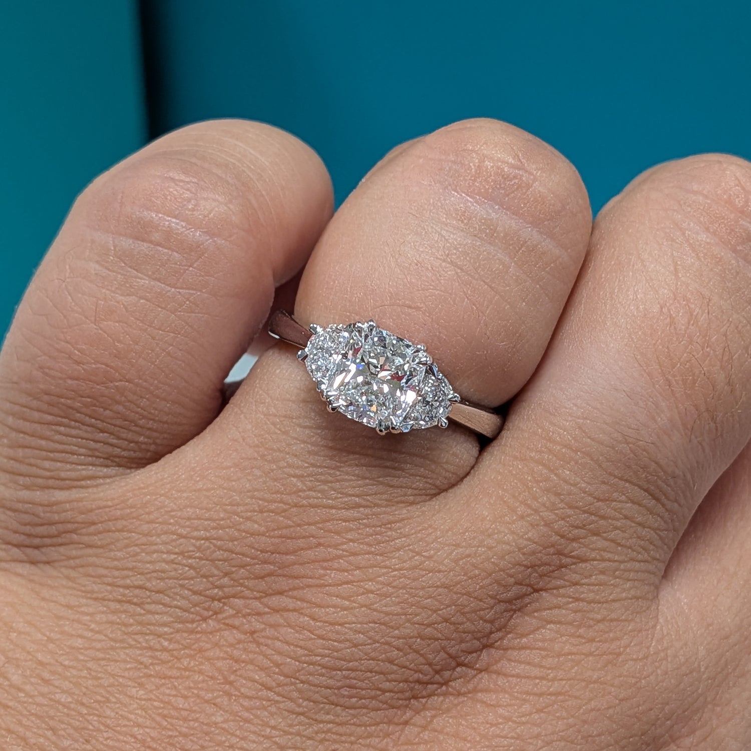 Cushion &amp; Half Moon Diamond Three Stone Engagement Ring in Platinum, 1.90ct