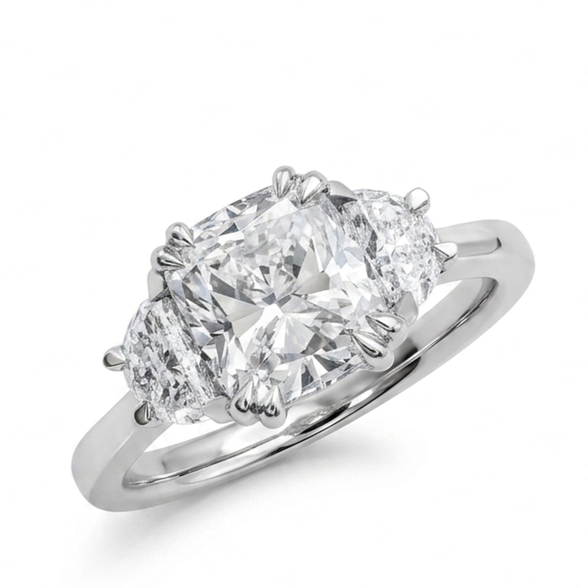 Cushion &amp; Half Moon Diamond Three Stone Engagement Ring in Platinum, 1.90ct