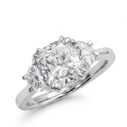 Cushion &amp; Half Moon Diamond Three Stone Engagement Ring in Platinum, 1.90ct