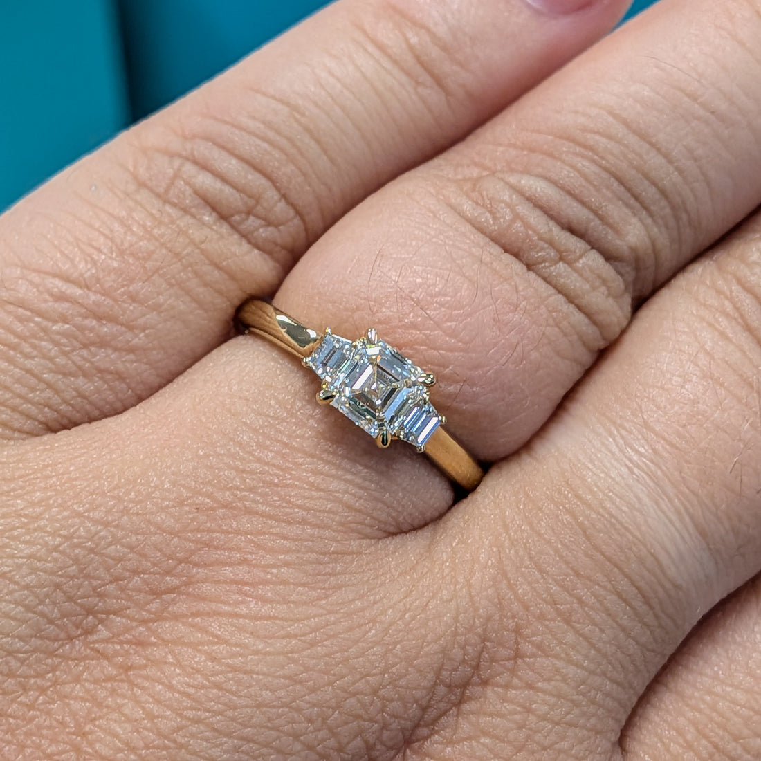 Asscher Cut Diamond Three Stone Engagement Ring in 18ct Gold, 0.95ct