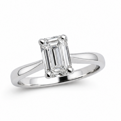 Emerald cut diamond solitaire ring in platinum, 0.93ct