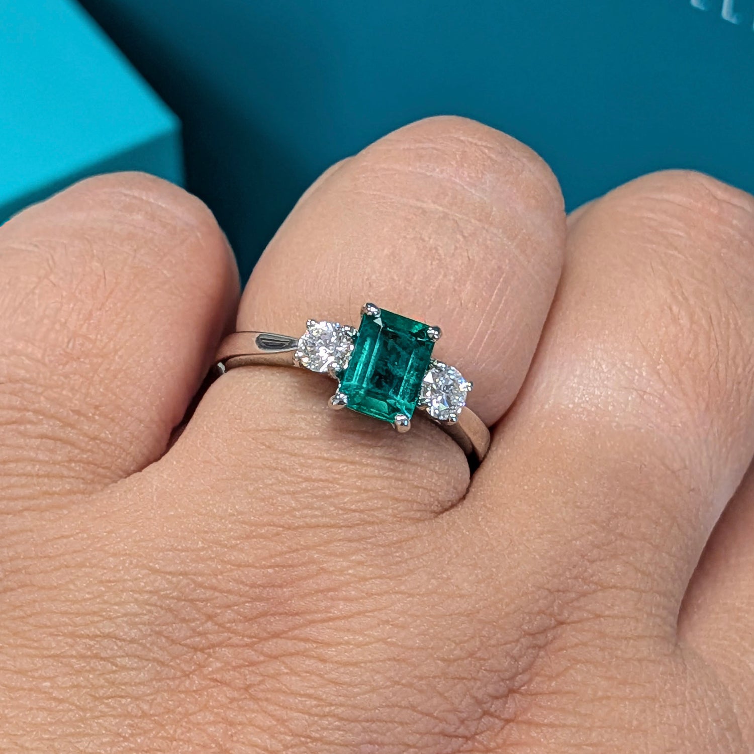 Emerald &amp; Diamond Three Stone Ring in Platinum, 1.13ct