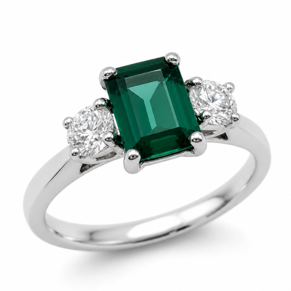 Emerald &amp; Diamond Three Stone Ring in Platinum, 1.13ct