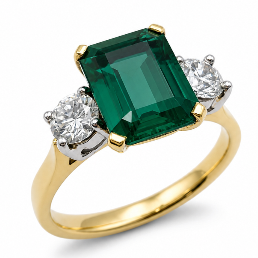 Emerald &amp; Diamond Three Stone Ring in 18ct Yellow Gold, 2.86ct