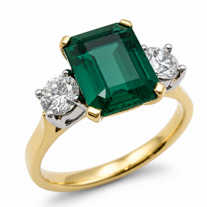Emerald &amp; Diamond Three Stone Ring in 18ct Yellow Gold, 2.86ct