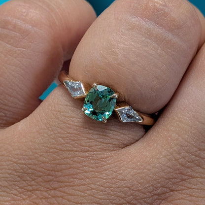 Green Lagoon Tourmaline &amp; Diamond Three Stone Ring in 9ct Yellow Gold, 0.97ct