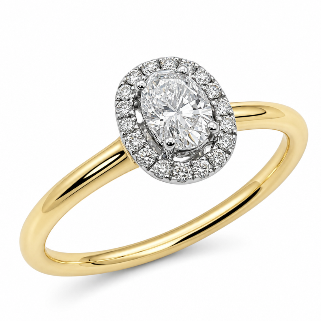 Oval Diamond Halo Engagement Ring in 18ct Yellow Gold, 0.32ct