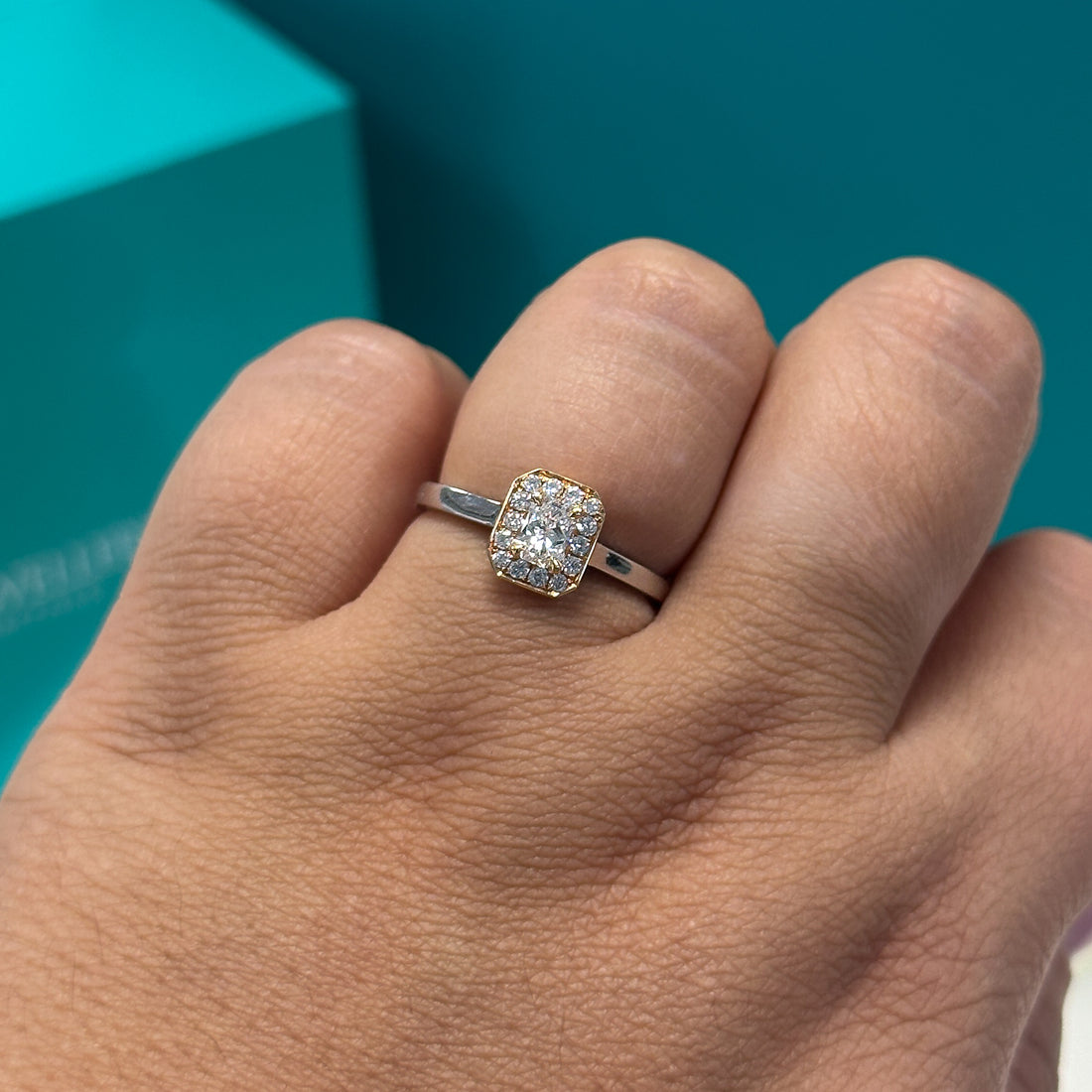 Phoenix cut diamond halo cluster ring in 18ct white and rose gold, 0.43ct