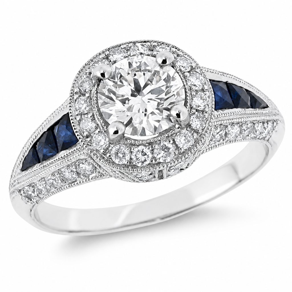Diamond and sapphire 1920s style ring in 18ct white gold, 1.19ct