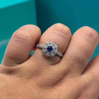 Sapphire &amp; Diamond Floral Cluster Ring in 18ct White Gold