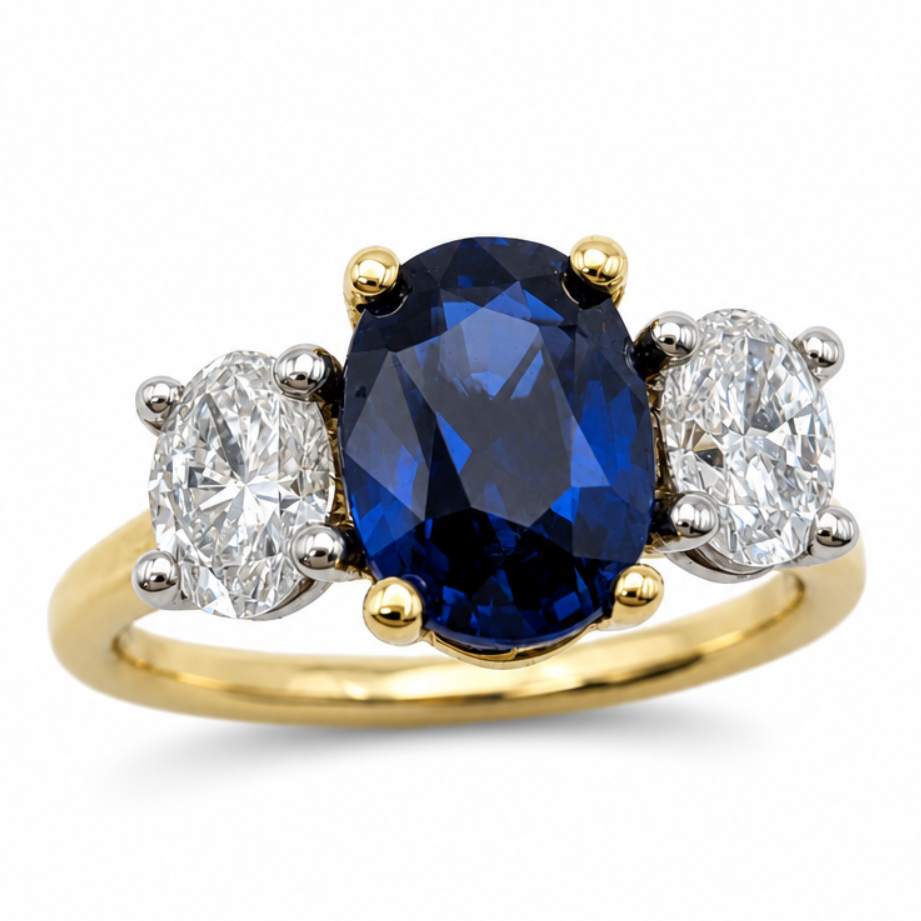 Oval Sapphire &amp; Diamond Three Stone Engagement Ring in 18ct Yellow Gold and Platinum, 3.19ct