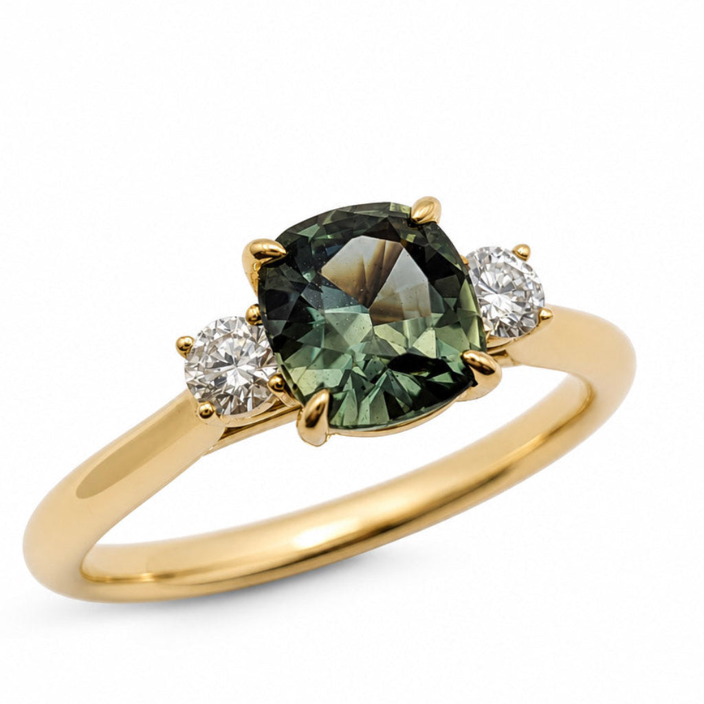 Teal Green Sapphire &amp; Diamond Three Stone Engagement Ring in 18ct Yellow Gold, 1.04ct
