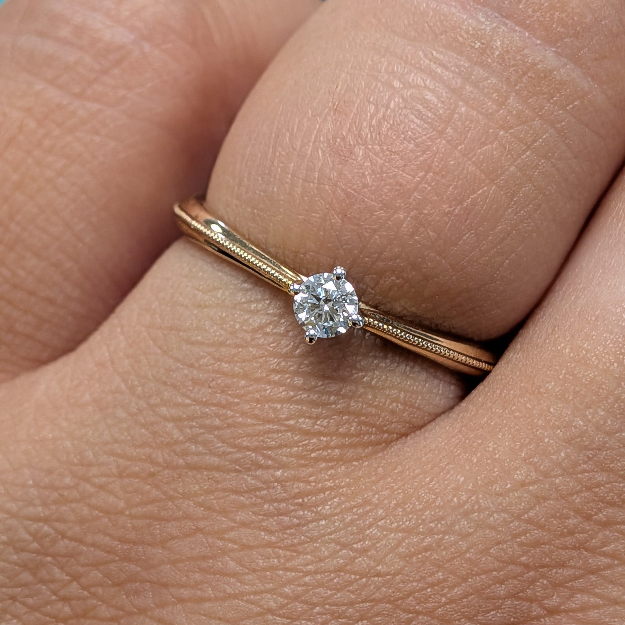 Diamond Solitaire Engagement Ring in 9ct Yellow Gold with Beaded Shoulders and Diamond Bezel, 0.14ct