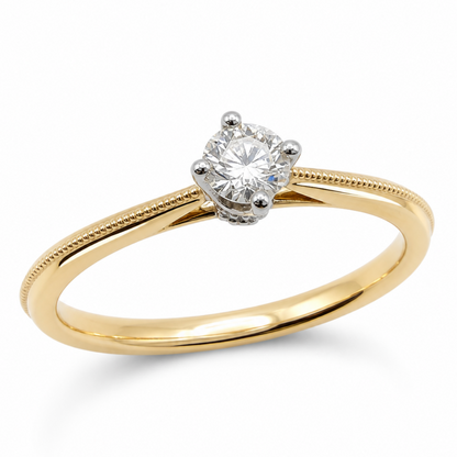 Diamond Solitaire Engagement Ring in 9ct Yellow Gold with Beaded Shoulders and Diamond Bezel, 0.14ct
