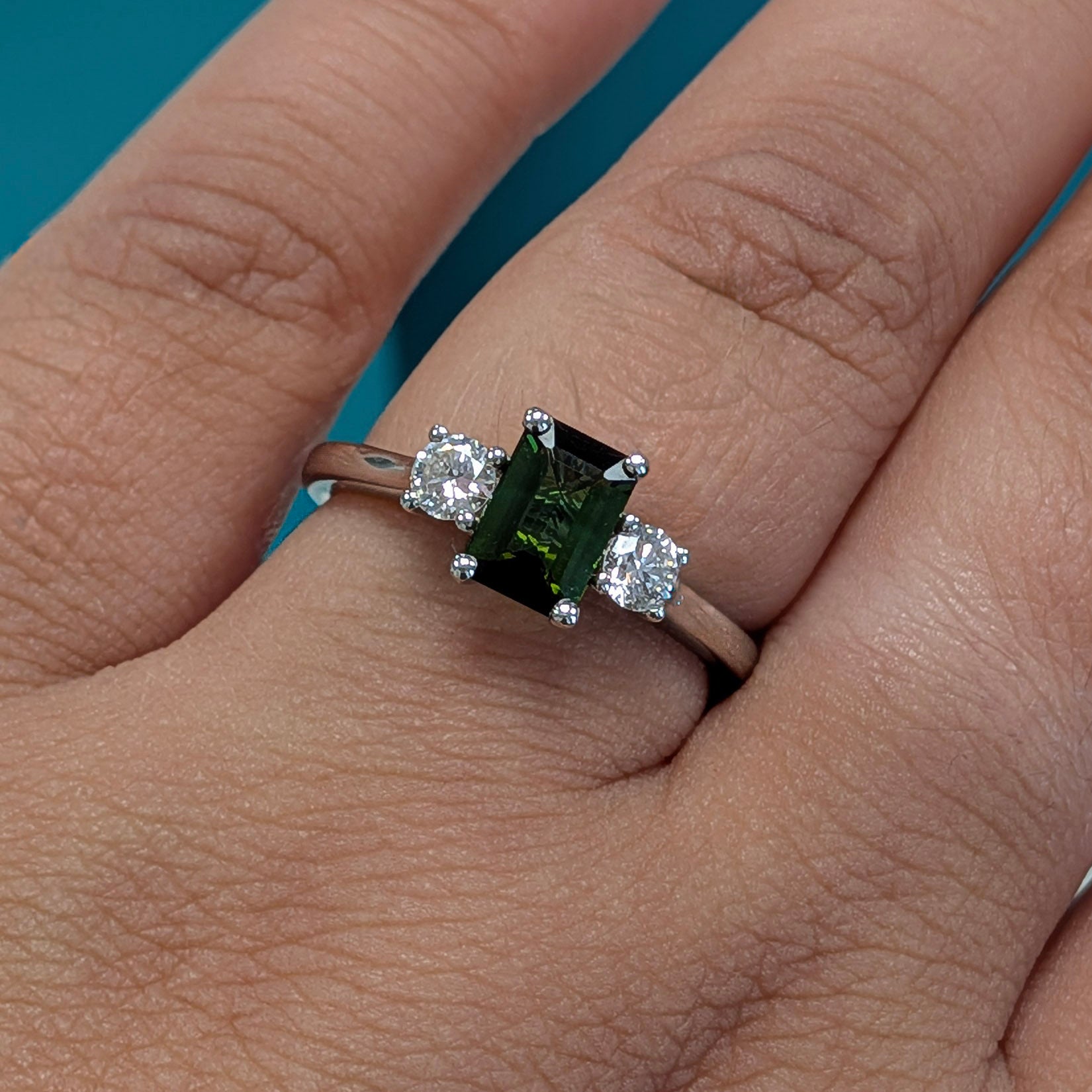 Green Tourmaline &amp; Diamond Three Stone Engagement Ring in Platinum, 0.98ct
