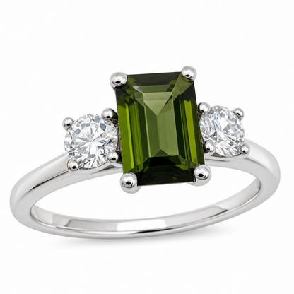 Green Tourmaline &amp; Diamond Three Stone Engagement Ring in Platinum, 0.98ct