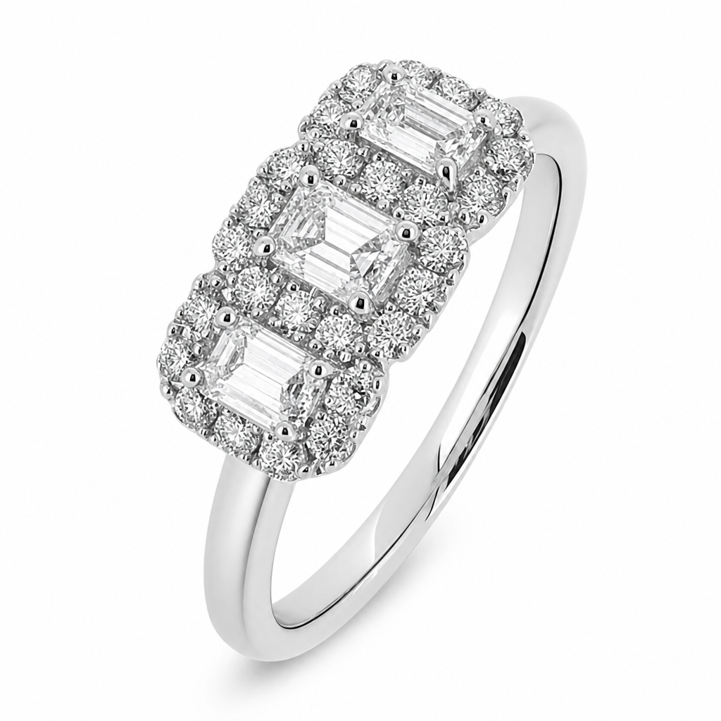 Emerald cut diamond triple halo cluster ring in platinum, 0.77ct