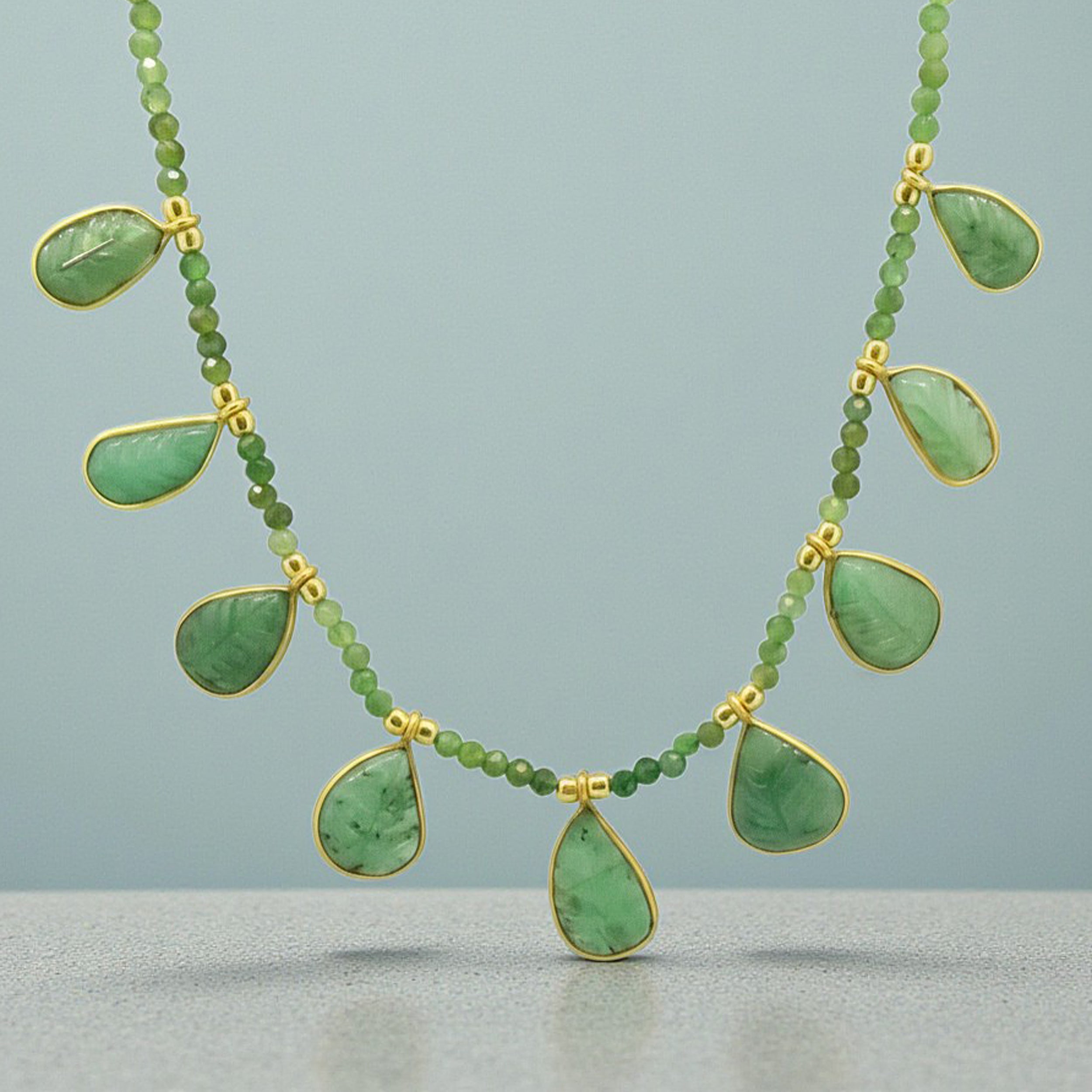 Emerald Carved Drop and Bead Necklace in Gold Plated Vermeil