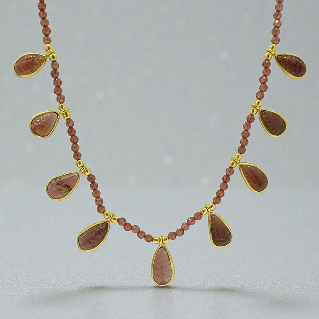Garnet Carved Drop and Bead Necklace in Gold Plated Vermeil
