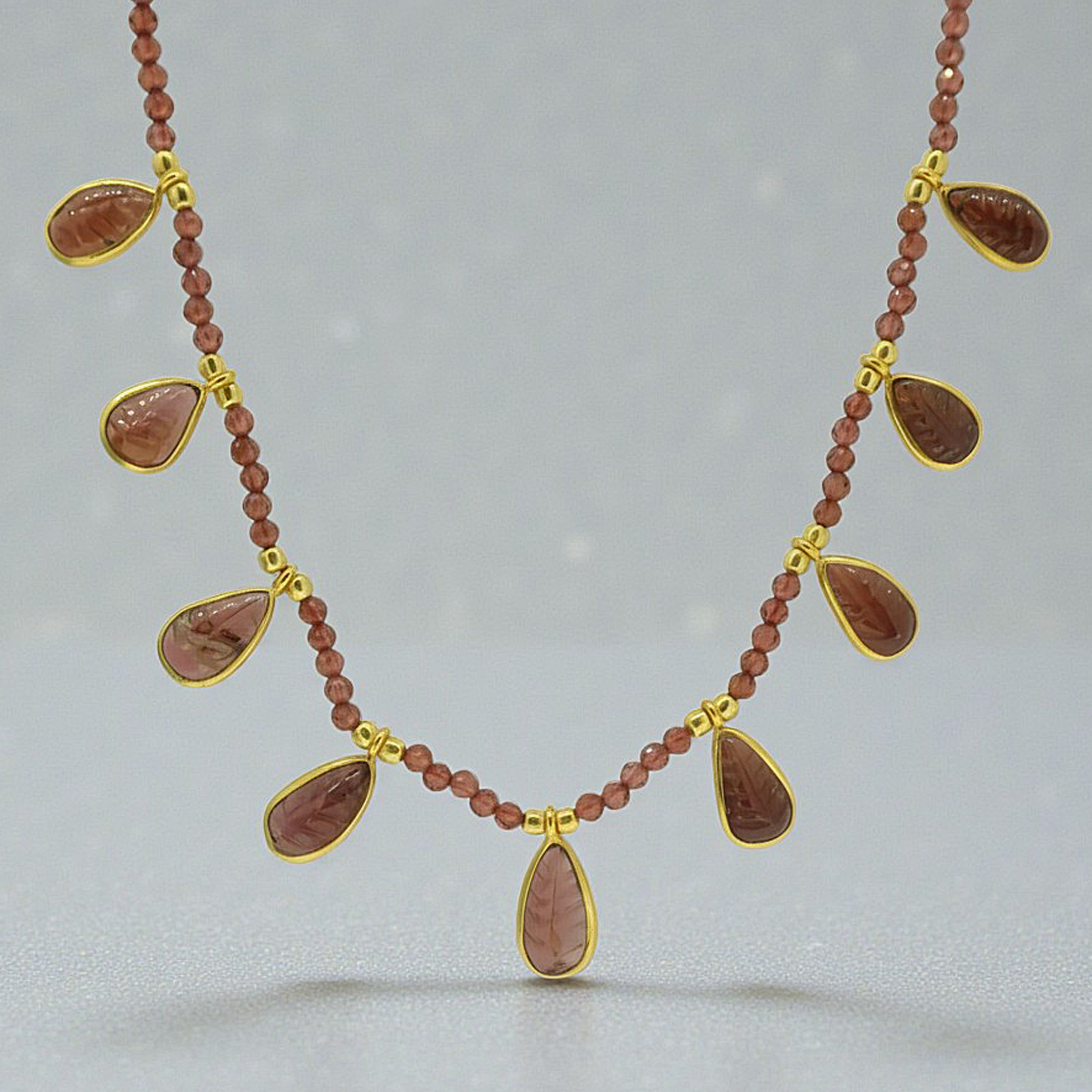 Garnet Carved Drop and Bead Necklace in Gold Plated Vermeil