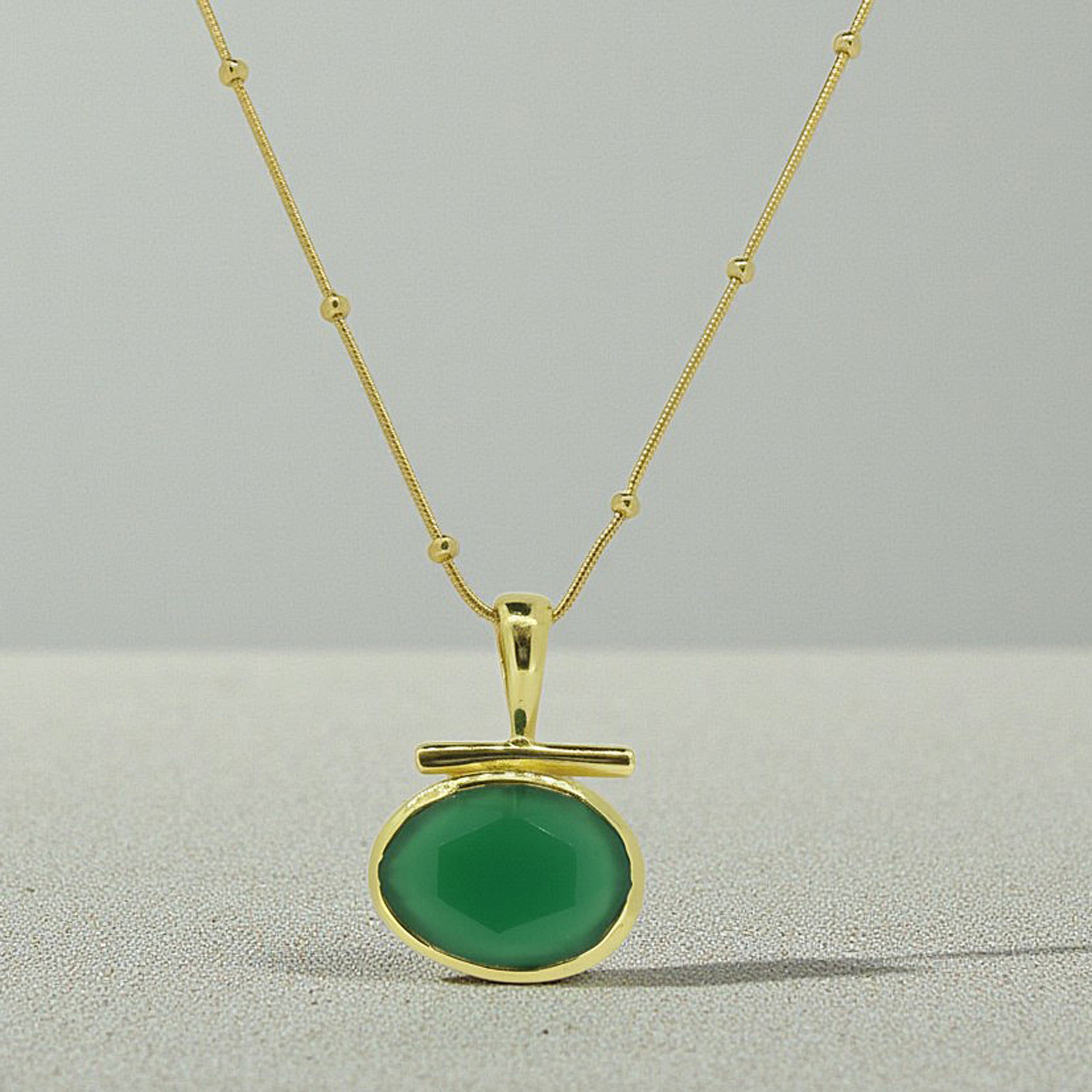 Green Chalcedony Oval Bar Pendant and Chain in Gold Plated Vermeil